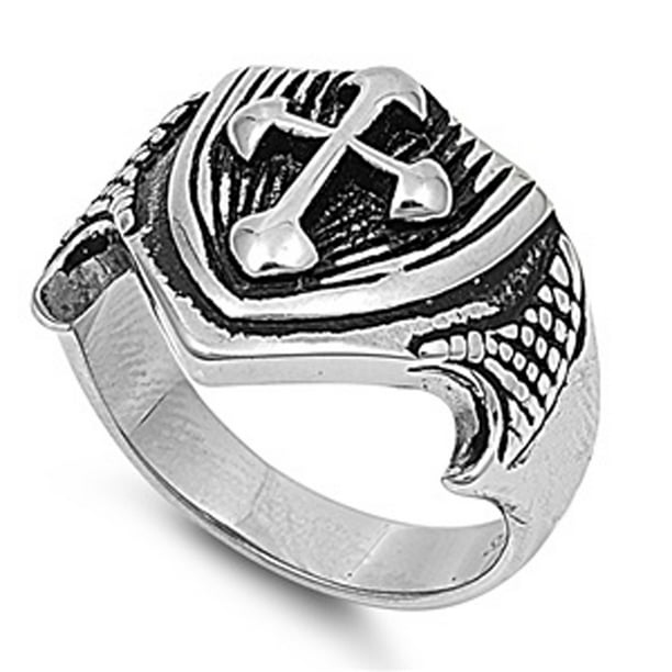 Men's Cross Shield Biker Ring Polished Stainless Steel Band New 19mm Sizes 8-13